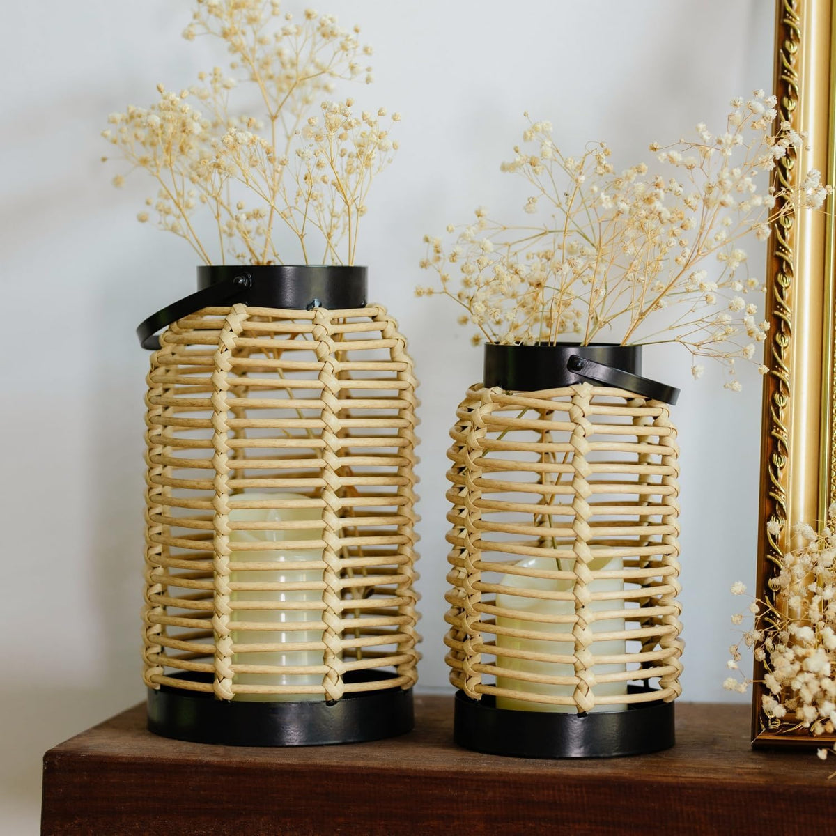 14in Lanterns Decorative for Home Decor- Decorative Candle Lanterns w/ LED Candles- Boho Rattan Woven Hanging Black Lanterns Decor for Indoor, Outdoor, Patio & Porch, Tabletop, Fireplace & Mantle