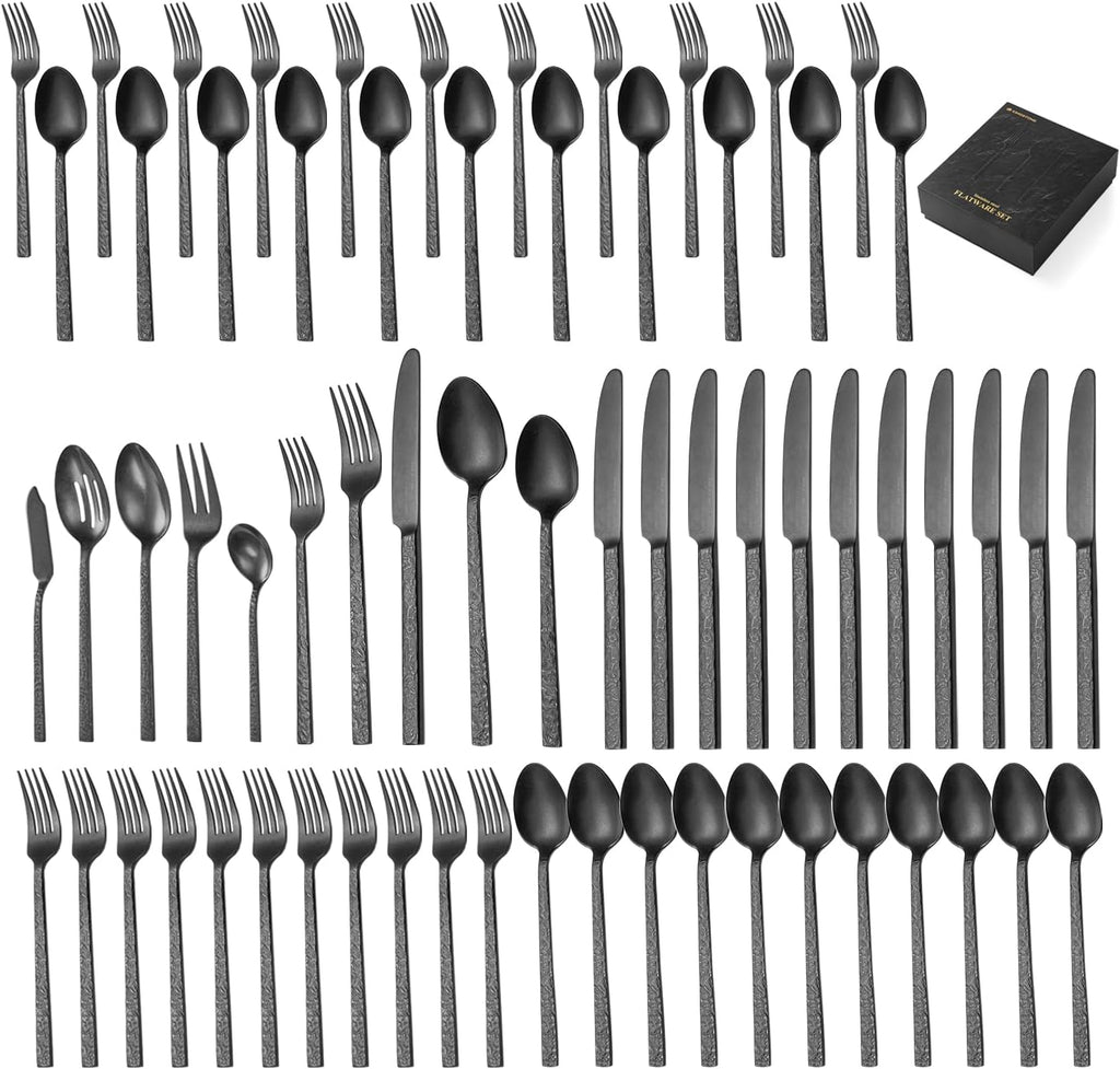 65 Pcs Black Hammered Silverware Set with Serving Utensils for 12