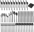 65 Pcs Black Hammered Silverware Set with Serving Utensils for 12