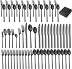 65 Pcs Black Hammered Silverware Set with Serving Utensils for 12