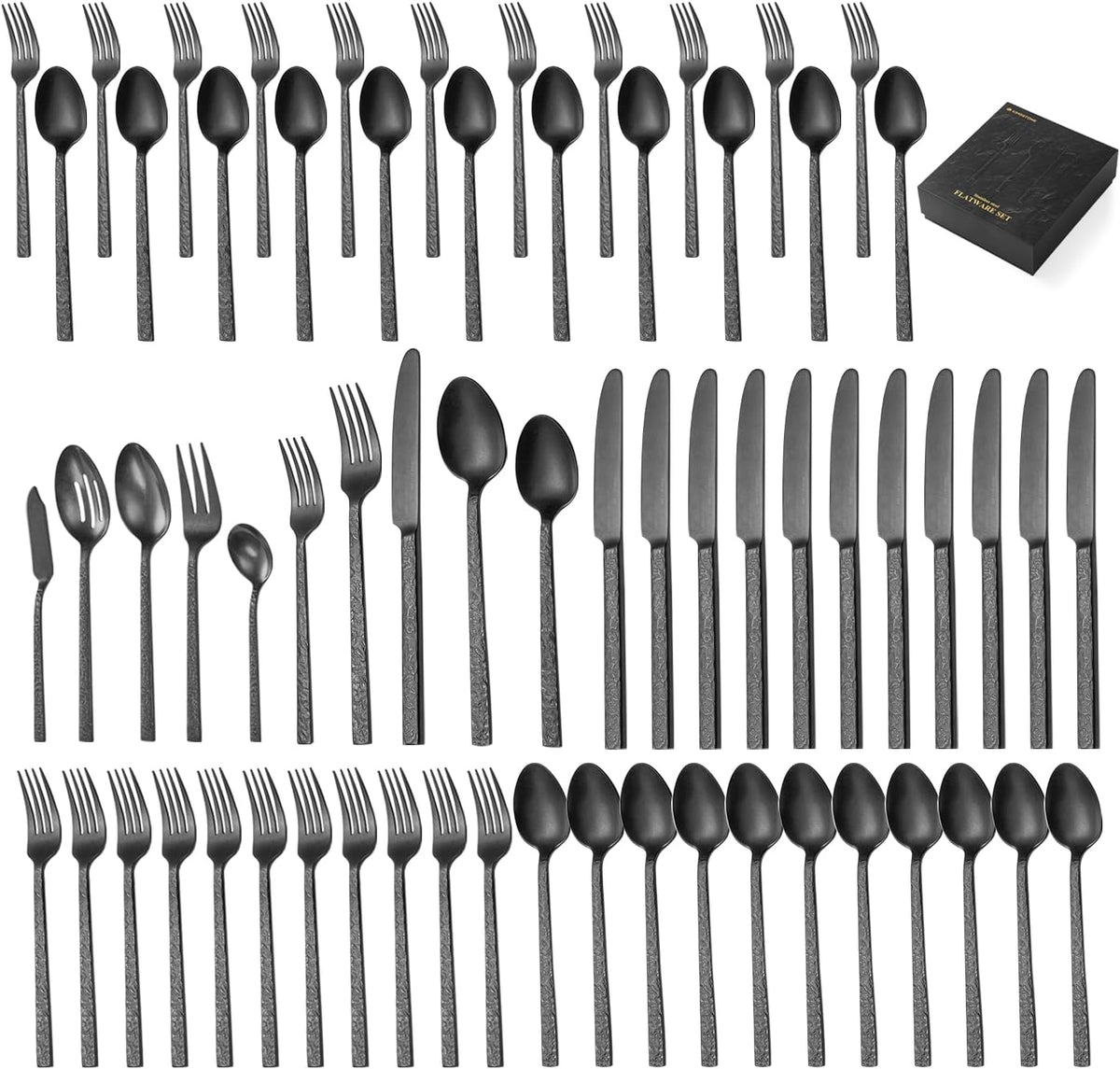 65 Pcs Black Hammered Silverware Set with Serving Utensils for 12