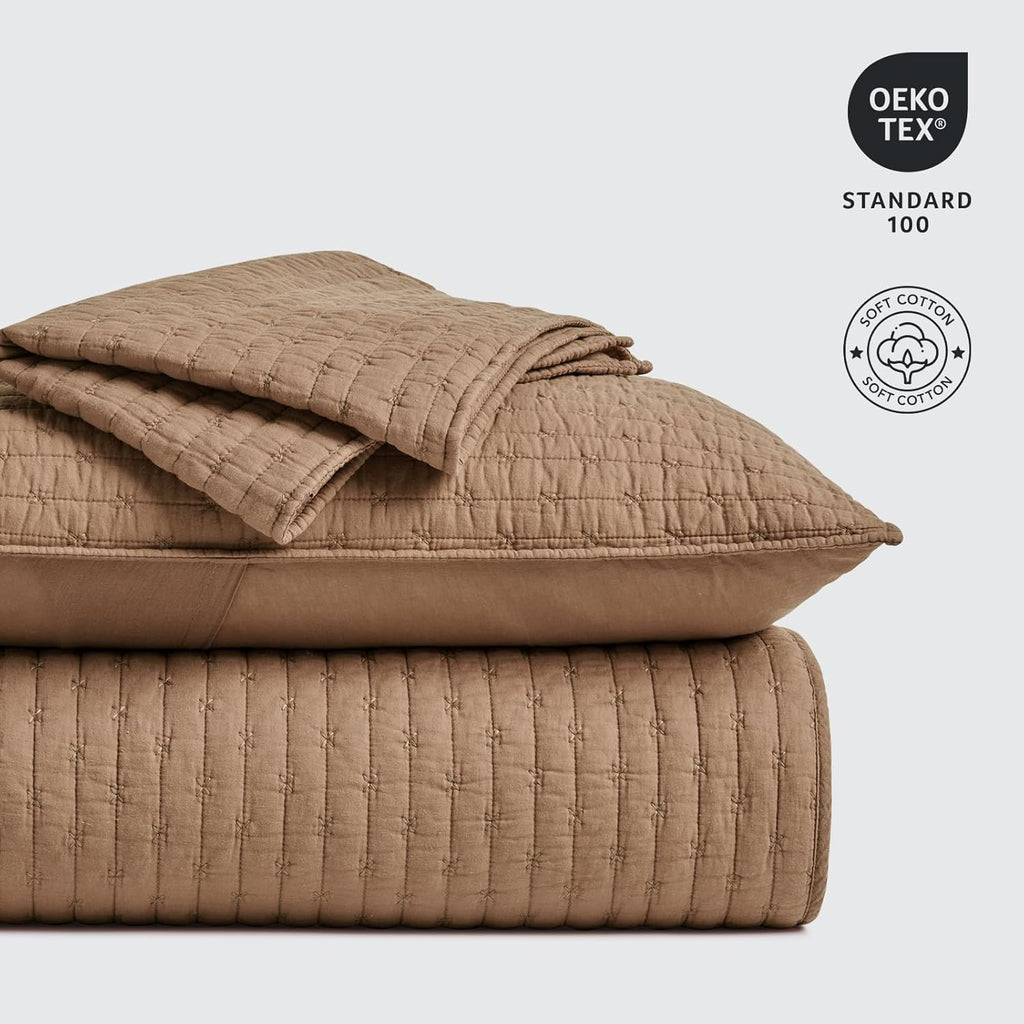 EVERGRACE 100% Cotton Cross Stitch 3-Piece Quilt Set, King, Camel Brown