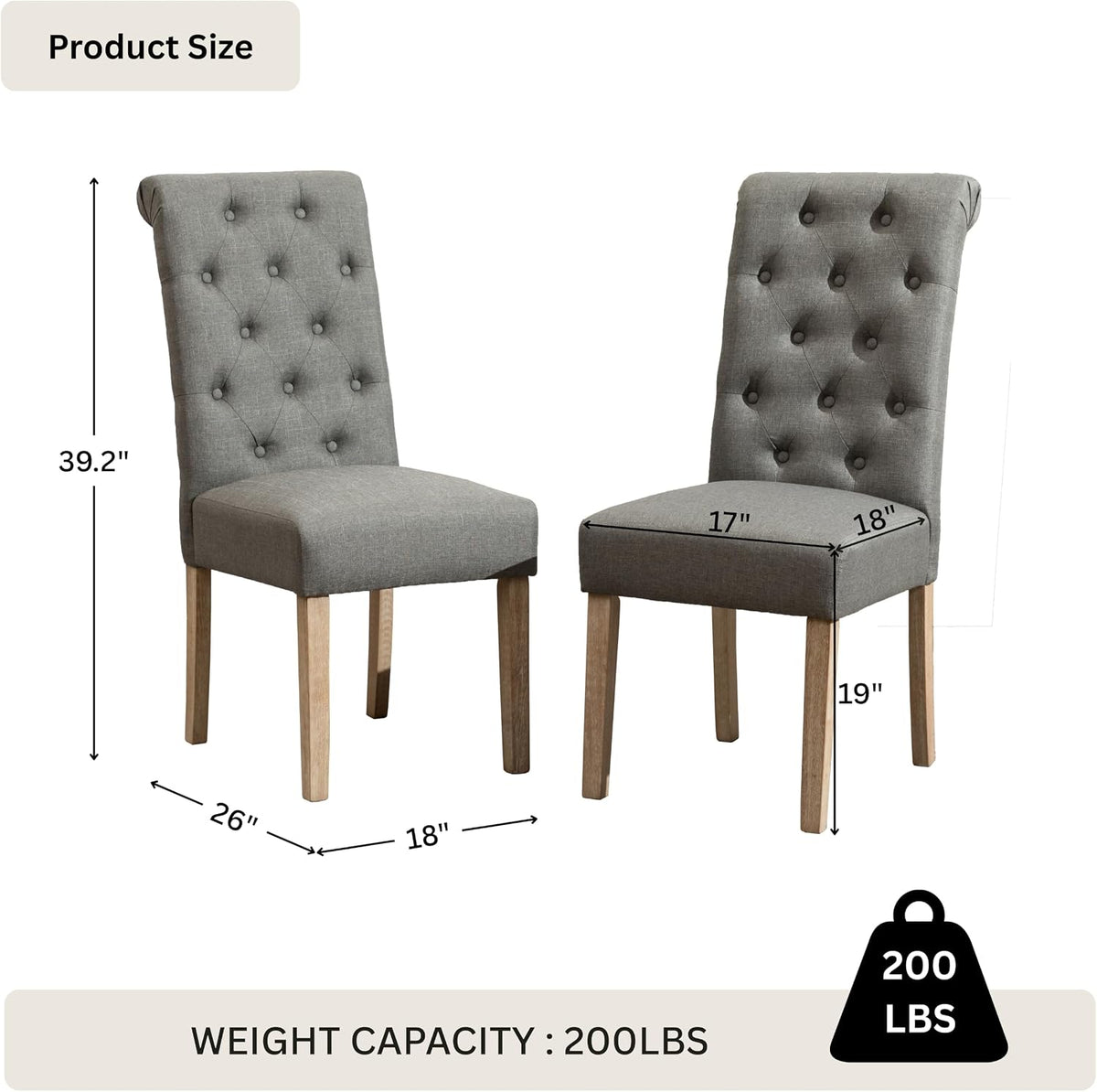 Roundhill Furniture Habit Grey Solid Wood Tufted Parsons Dining Chair (Set of 2), Gray