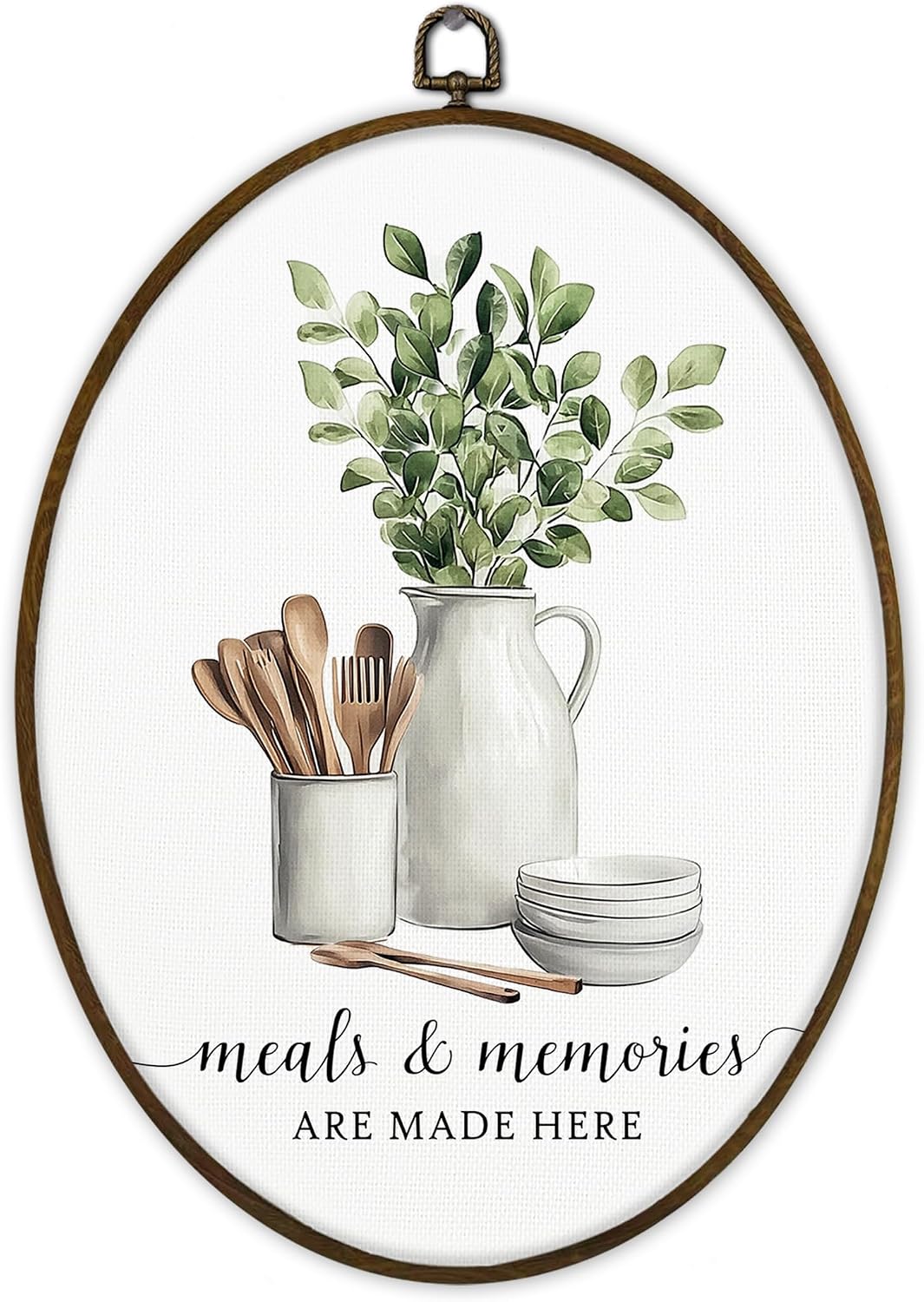Gnmduw Eucalyptus Leaves Leaf Oval Wall Art Framed, Sage Green Cooking Canvas Prints Hanging Decor, Meals and Memories Are Made Here Wall Decor for Kitchen Home, Chef Gifts for Women Men, 8.7x11.3in