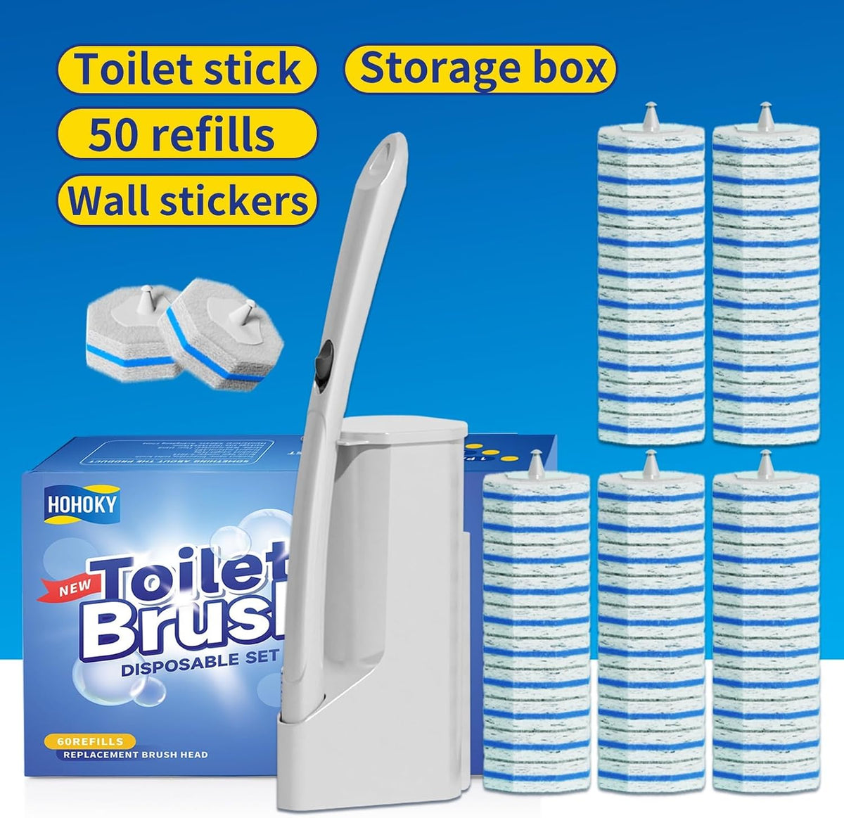 Disposable Toilet Brush Cleaning System with 50pcs Refills Pads Replacement Heads, Toilet Cleaning Stick, Wall Mounted Wand Kit Bathroom Maintenance, Toilet Bowl Cleaner Brush Holder and Set