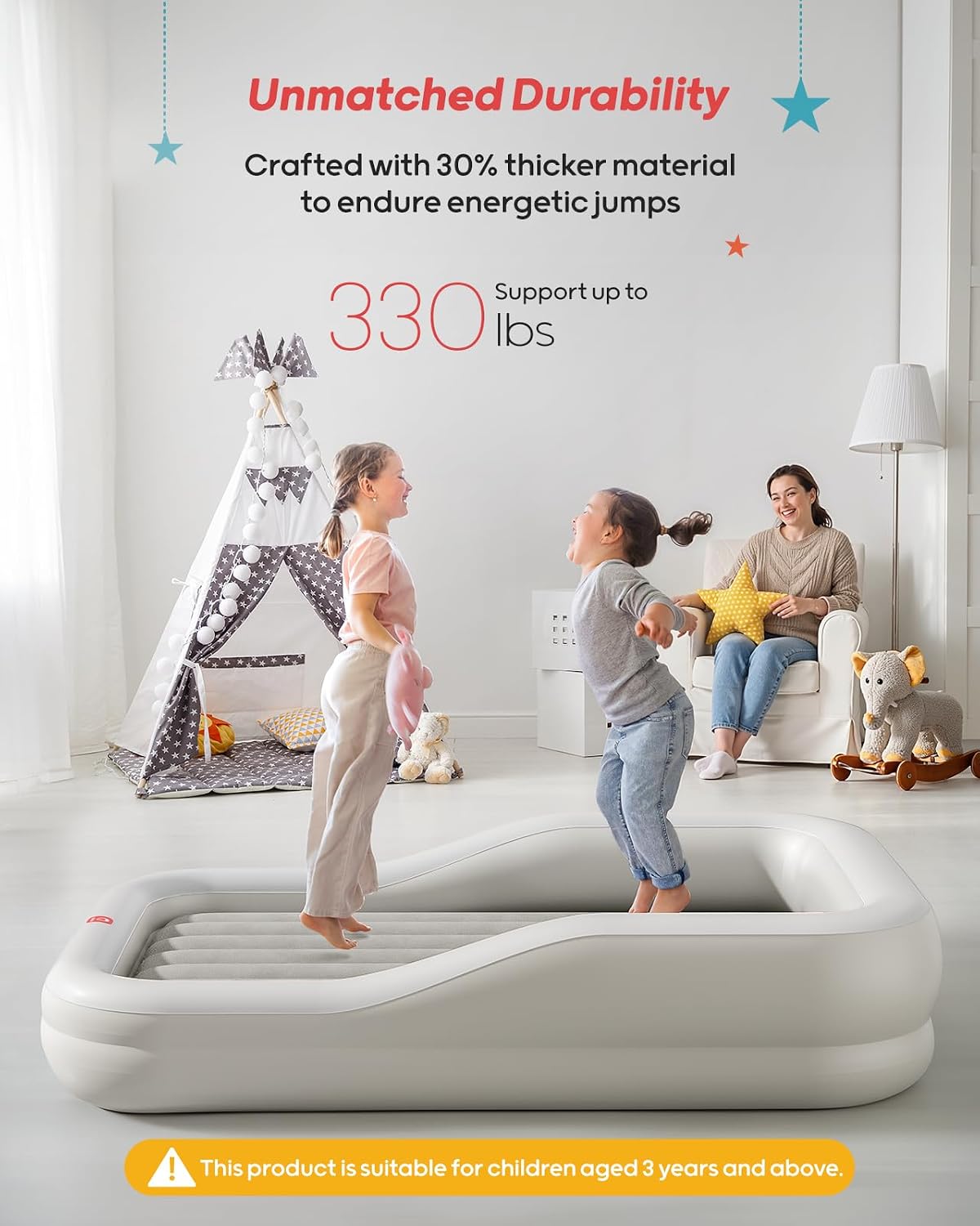 QPAU Inflatable Toddler Travel Bed with 3-Sided, Extra Large, Gray