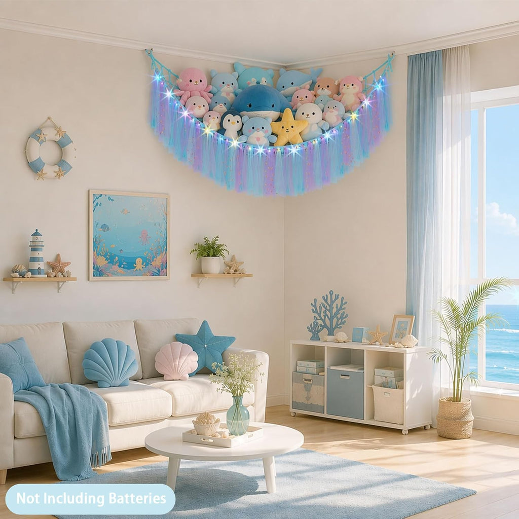 Stuffed Animals Net LED Light Toy Hammock for Kids Bedroom Storage