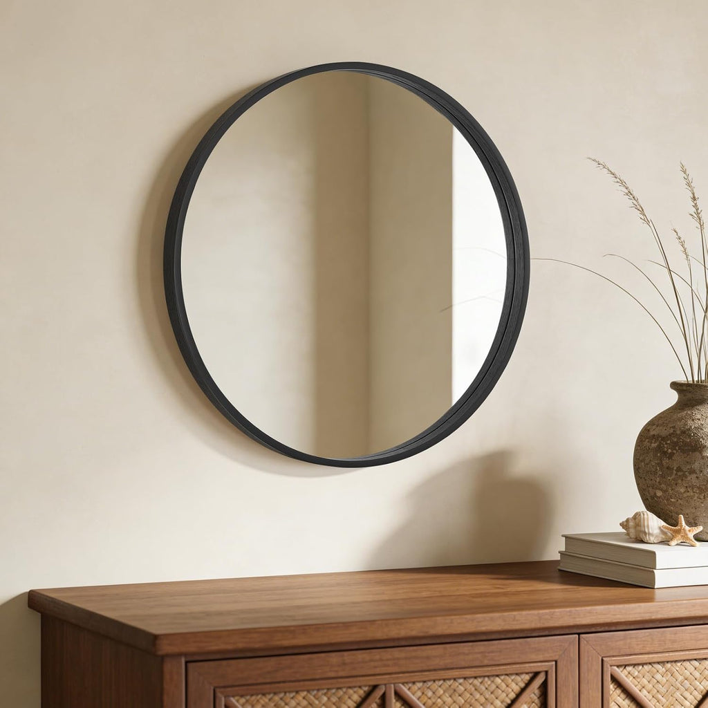 WallBeyond Black Round Wood Mirror 24 inch Circle Wall Mirror for Bathroom Round Wall Mirror for Wall Decor, Vanity, Entryway Living Room