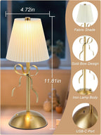 Cordless Table Lamp, Small Gold Bow Night Light, LED Rechargeable