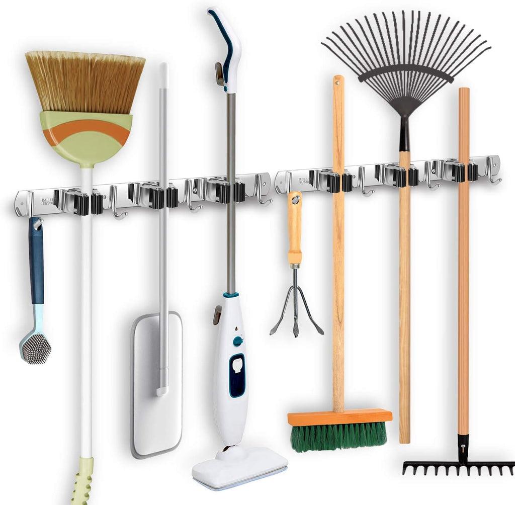 IMILLET 2 Pack Broom Holder Wall Mount Stainless Steel Mop Organizer