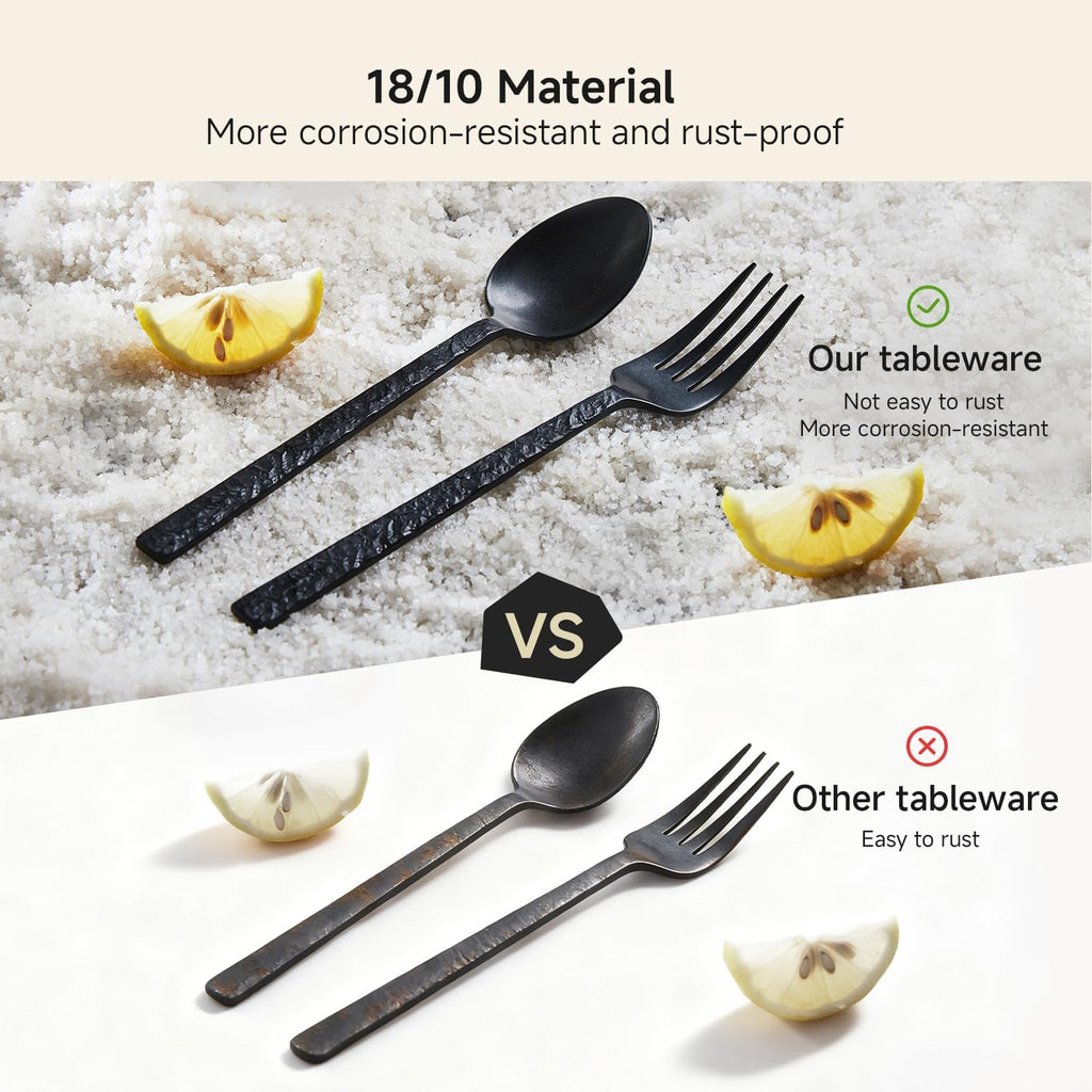 20 Pcs Black Hammered Silverware Set for 4, 18/10 Stainless Steel Flatware
