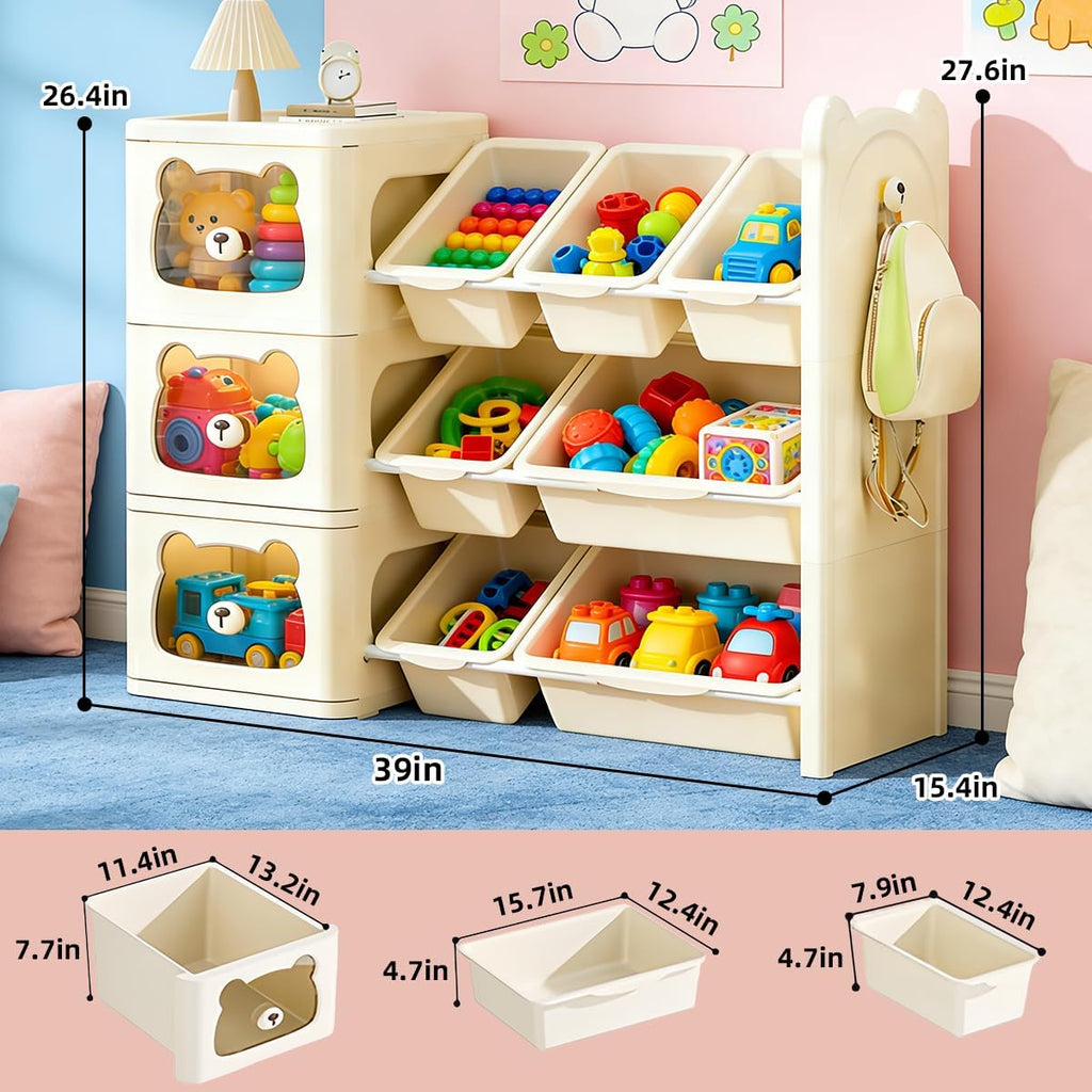 Toy Storage Organizer and Bookshelf with Drawers, Large 3-Tier, Beige