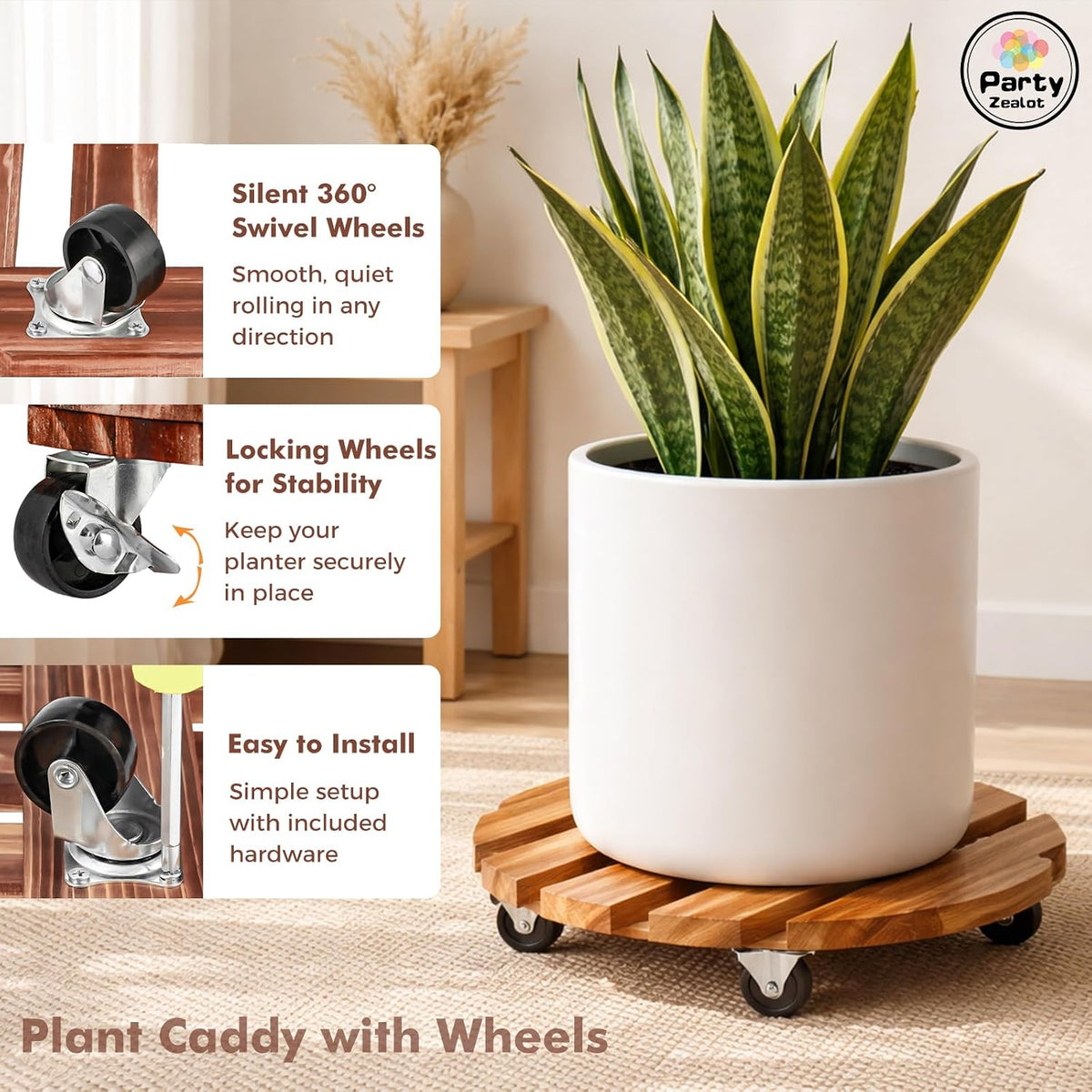 18 Inch Plant Caddy with Wheels, 6 Pack Rolling Plant Stand Rollers with Casters Wooden Plant Dolly with Wheels Heavy Duty Large Rolling Planter Base for Indoor & Outdoor Plants Wood Flower Stand