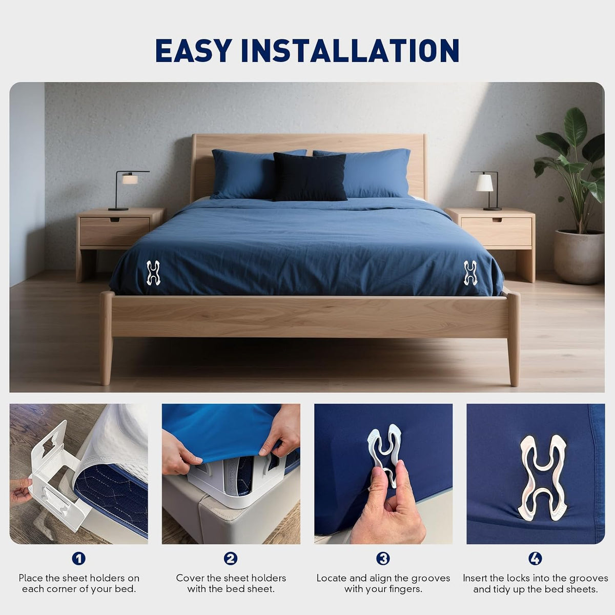 Bed Sheet Holders Lock for Corners - Mattress Sheet Corner Holders Keep Firm Tight in Place Set of 4 (White)