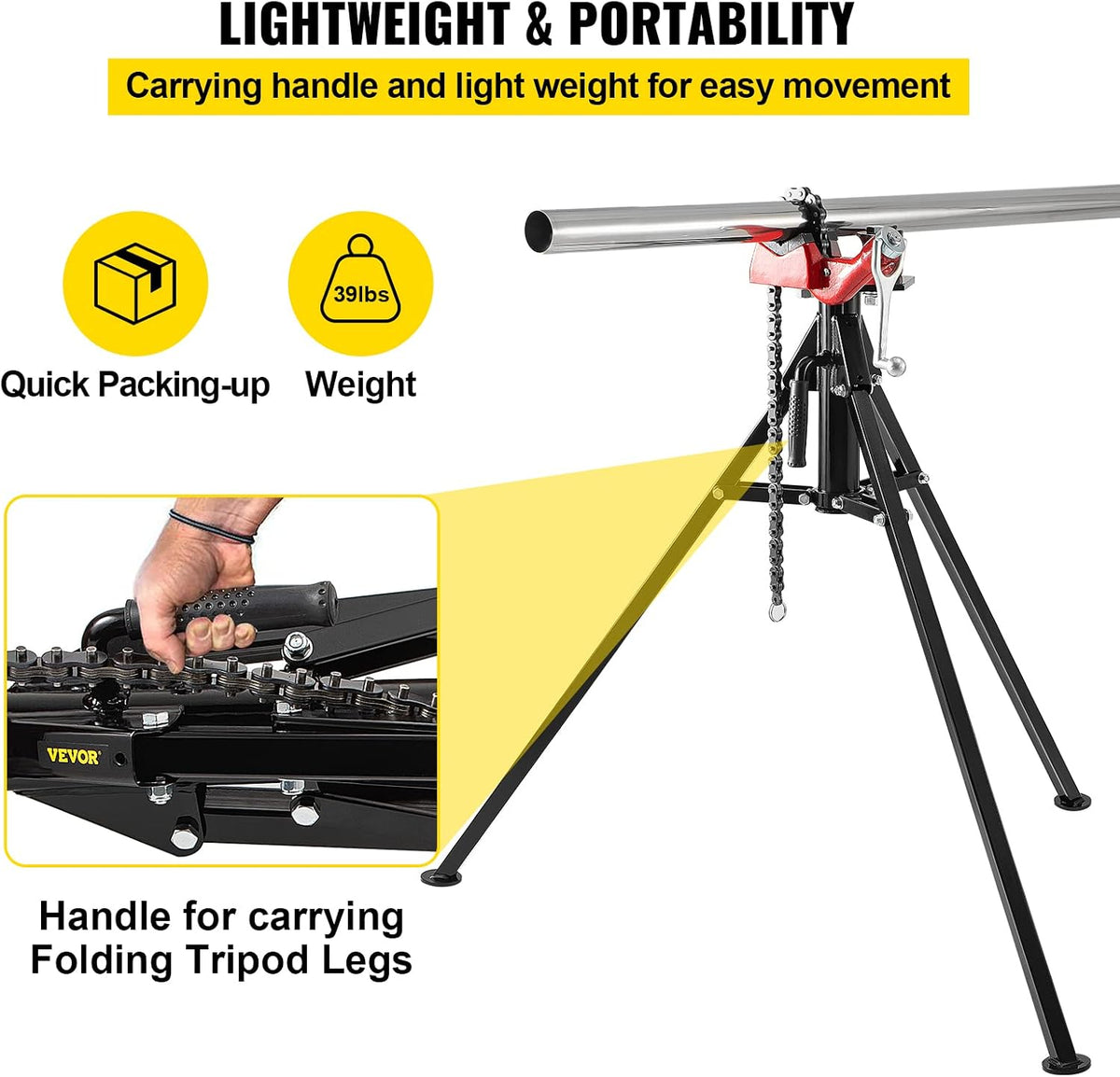 VEVOR Tripod Pipe Chain Vise, 1/8"-5" Pipe Capacity, 36.4“ Length Chain Vise Stand with Portable Folding Steel Legs, for Grabbing, Supporting and Bending Pipes in Factory, Workshop and Home