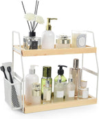 Uneviesyka Bathroom Counter Organizer, 2-Tier Standing Storage Shelf with Basket, Wood Tray for Skincare Vanity Organizer