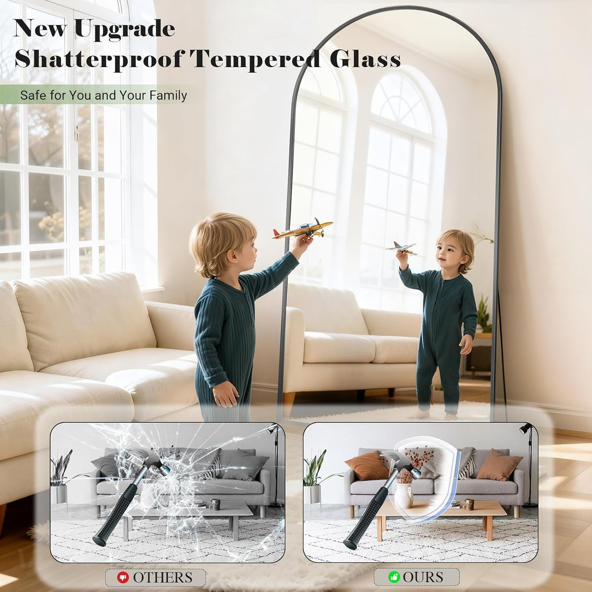 57" x 20" Arched Full Length Mirror - Wall Mounted/Floor Mirror Aluminum Alloy Frame Full Body Mirrors for Bathroom Living Room Bedroom and Entryway,Black