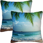 Tropical Palm Tree Green Throw Pillow Covers 18x18 Set of 2,Carribean Coastaline Beach Ocean Waves Decorative Pillow Covers for Sofa Couch Living Room Soft Home Decor,Outdoor Cushion Cases