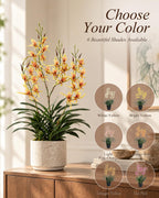 29.5" Artificial Dendrobium Orchid with Black Pot, Orange-Yellow Faux Orchid, Artificial Flowers for Sunroom, Office & Warm Home Accent Decor, Set of 1