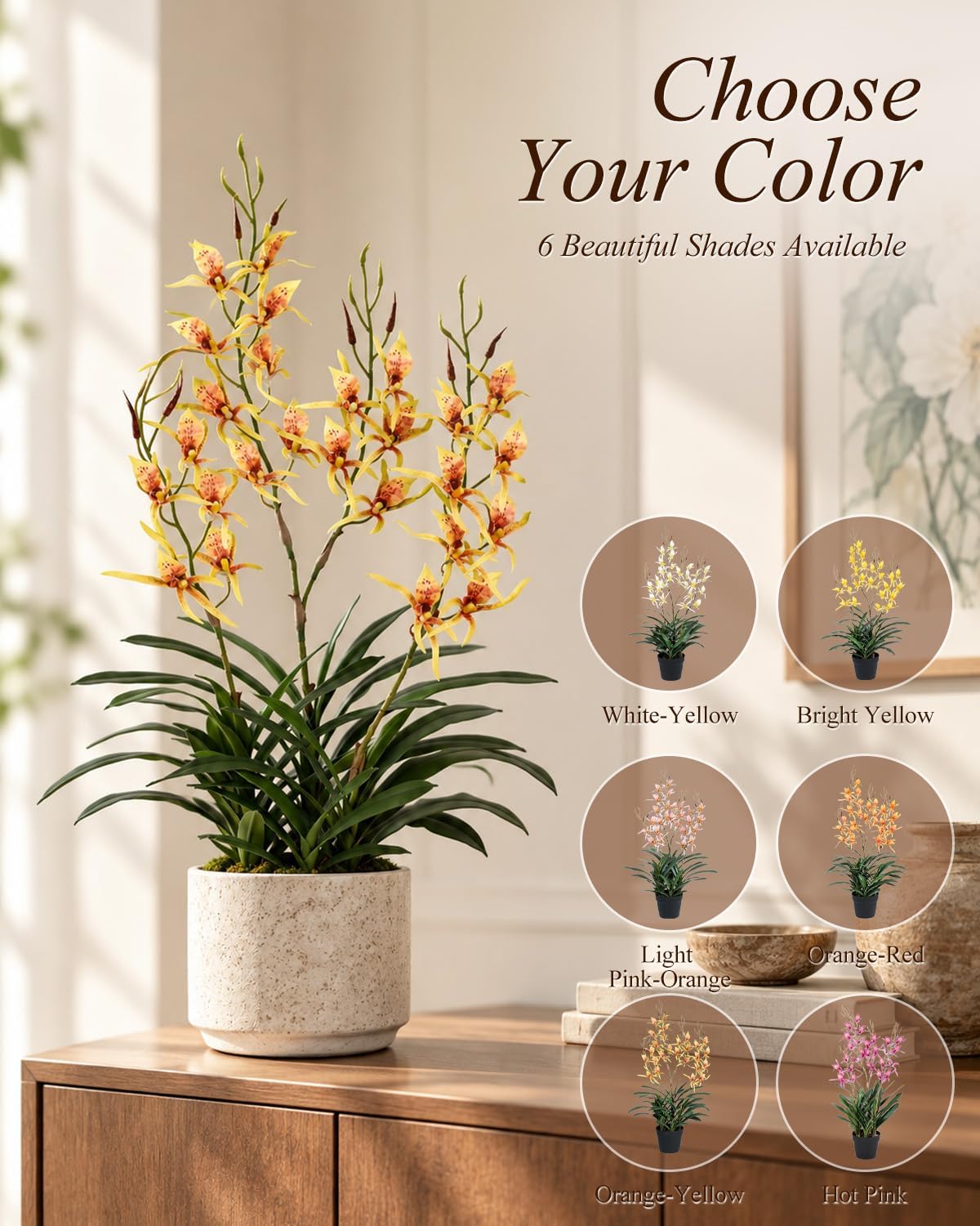 29.5" Artificial Dendrobium Orchid with Black Pot, Orange-Yellow Faux Orchid, Artificial Flowers for Sunroom, Office & Warm Home Accent Decor, Set of 1