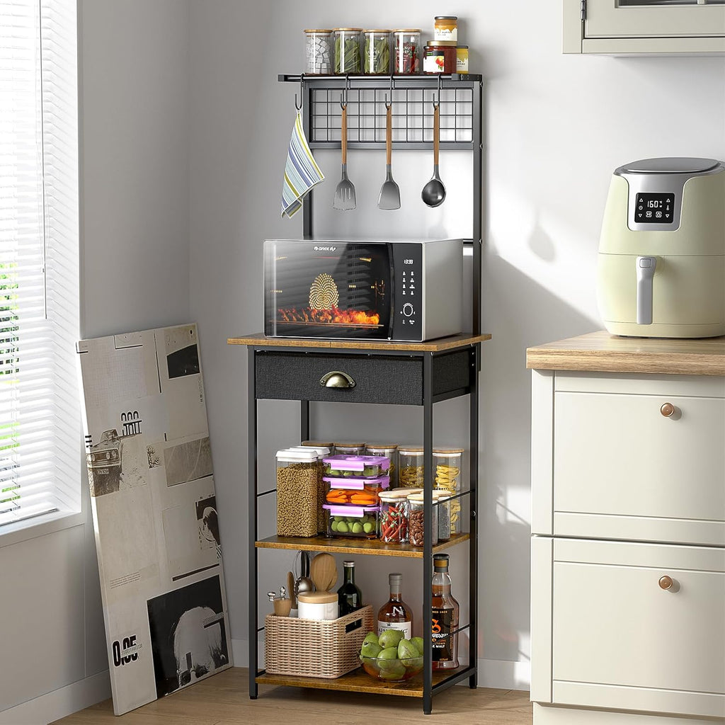 5 Tier Coffee Bar Station with Drawer, Kitchen Stand with 4 S-Shaped Hooks, Farmhouse Corner Coffee Bar Cabinet for Small Spaces, Bakers Rack for Kitchen, Living Room, 13.43" D x 18.93" W x 53.31" H