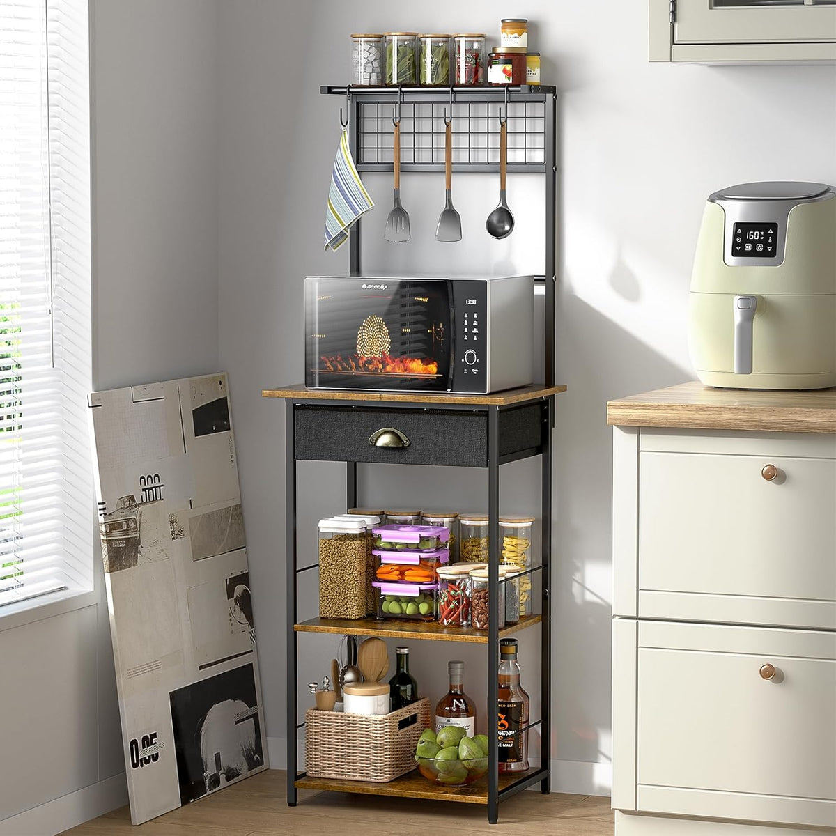 5 Tier Coffee Bar Station with Drawer, Kitchen Stand with 4 S-Shaped Hooks, Farmhouse Corner Coffee Bar Cabinet for Small Spaces, Bakers Rack for Kitchen, Living Room, 13.43" D x 18.93" W x 53.31" H
