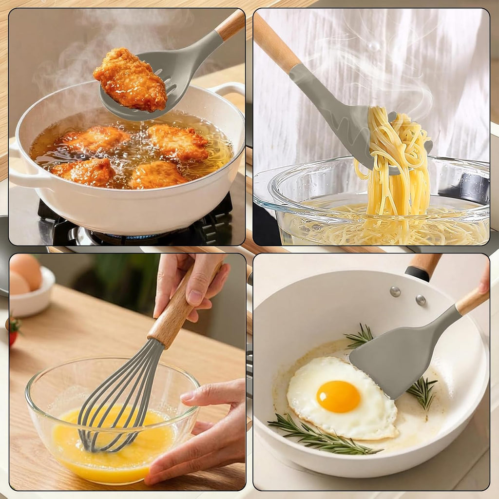 Silicone Cooking Utensil Set,10 PCS Cooking Kitchen Utensils Set, Nonstick Kitchen Utensils 446°F Heat-Resistant Cookware Tools of Spoon,Brush,Whisk,Spatula,Turner Tongs (Khaki)
