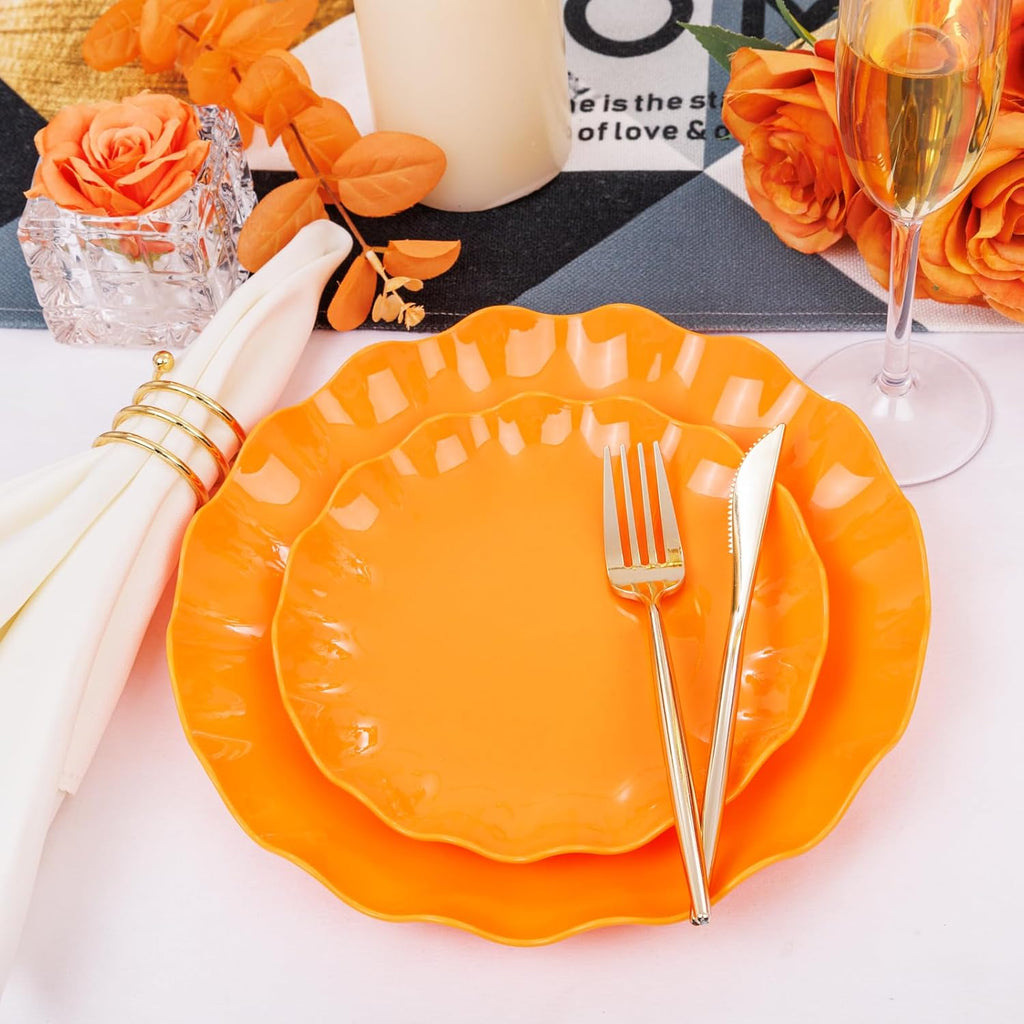 LIYH 24 Orange Plastic Plates Reusable for Thanksgiving Halloween 12 Guests