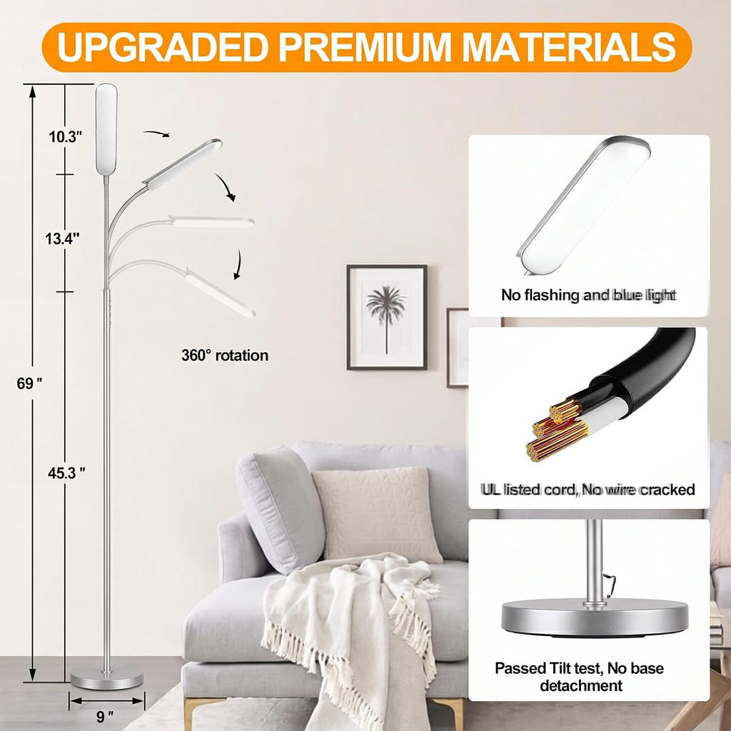 marctronic Silver Modern Floor Lamp, 18W 1800LM Bright LED, Touch Control & Memory Function, Dimmable Timing Eye-Caring Lamp for Office/Bedroom
