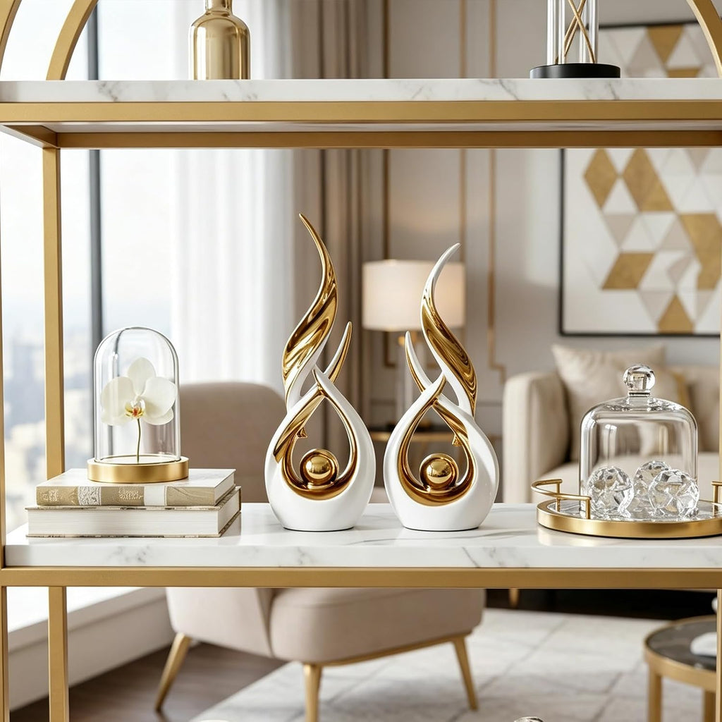 Gold Ceramic Abstract 2 Piece Statue Set,Mid Century Modern Abstract Art Home Decor Statue Mantelpiece on Unique Shelf Decor, TV Cabinet Divider Table top and Dining Table Centerpiece (White Gold)