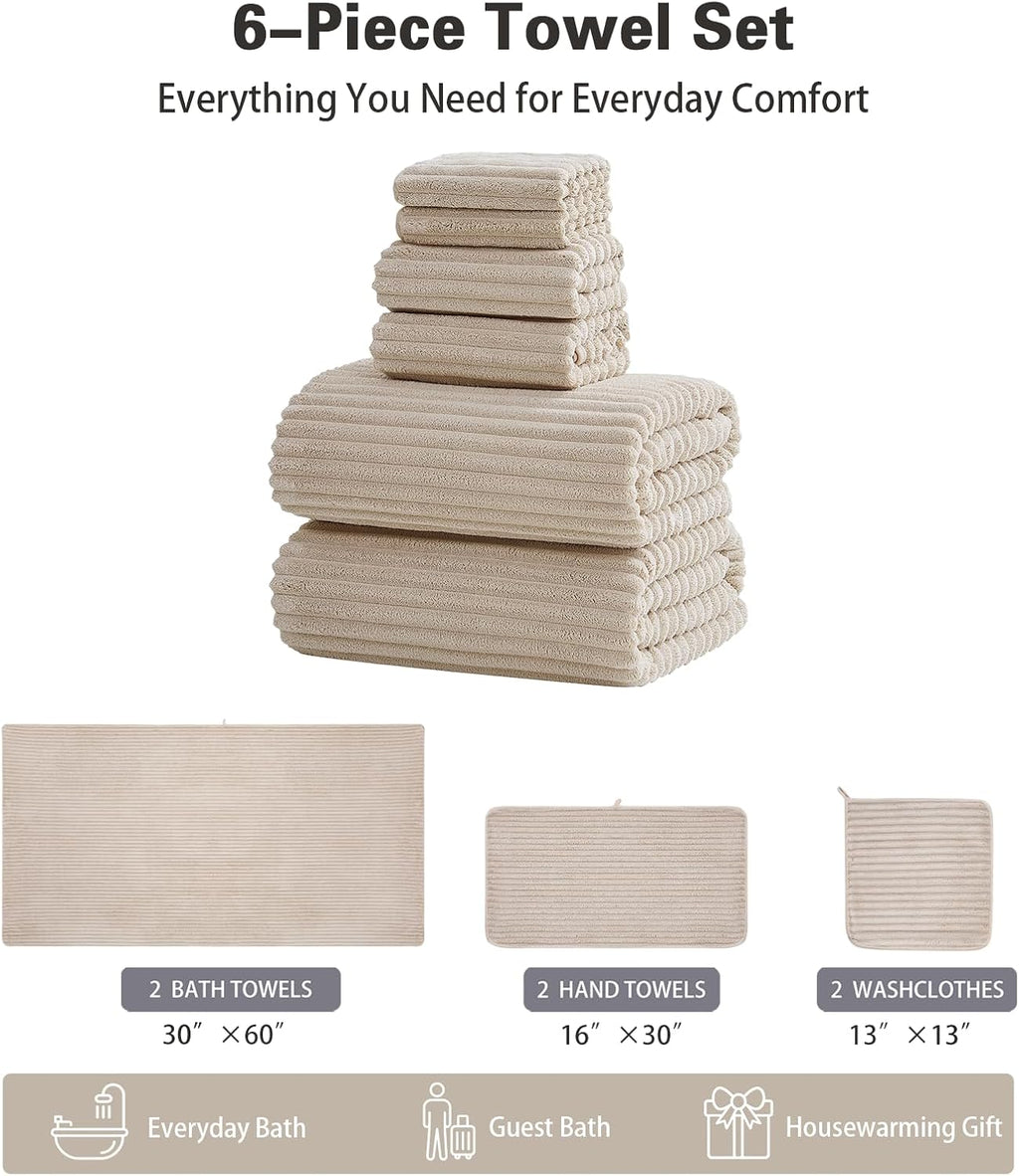 6 Piece Bath Towel Set, 30"x60" Microfiber Towels, Beige