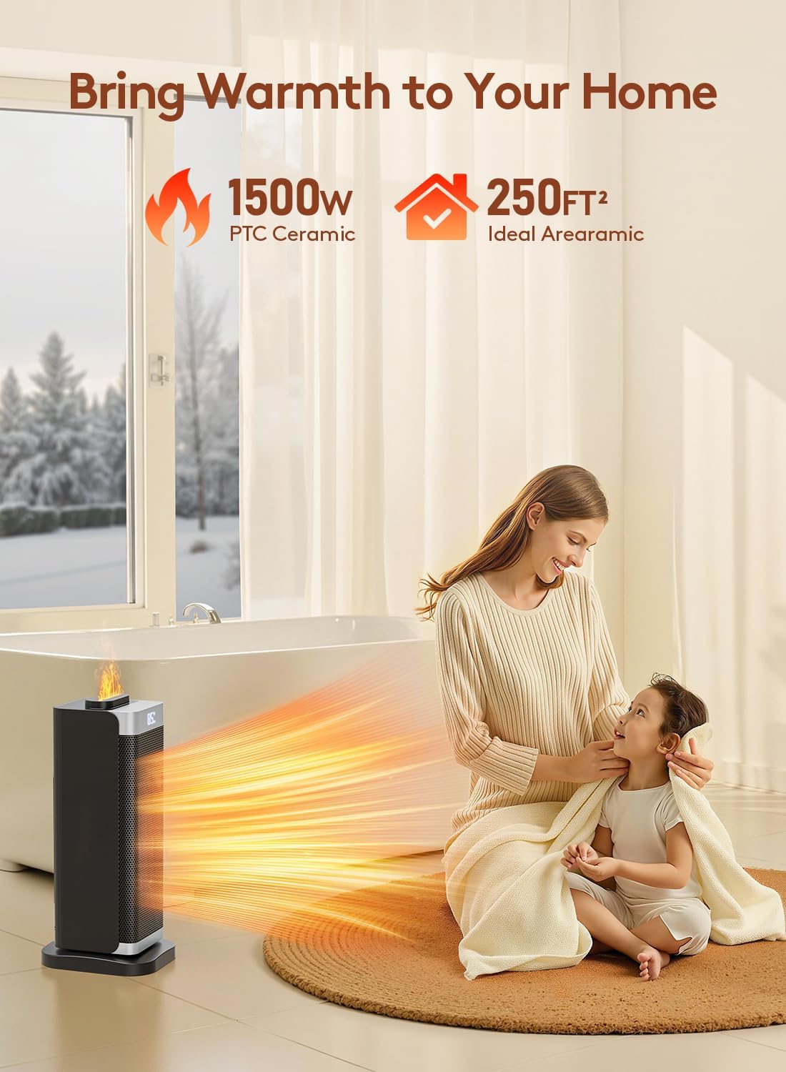 Space Heaters for Indoor Use, Staholz Portable Heater with Humidifier/Ambient Light, Family-Safe Electric Heaters with Thermostat,12H Timer,70° Oscillation,Ultra-Quiet for Home Office (Silver)