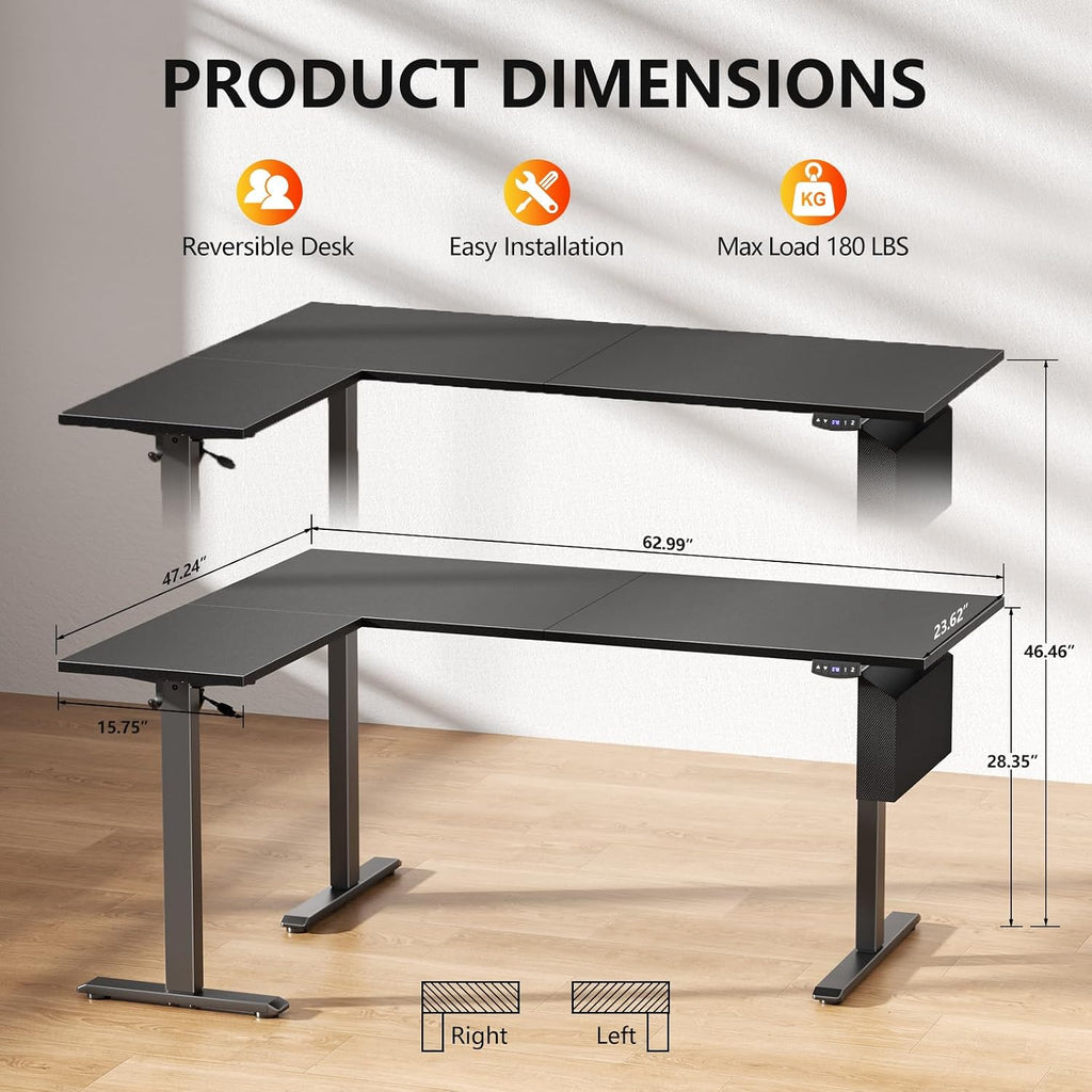 Korfile 63" L Shaped Standing Desk Height Adjustable Memory Presets Black