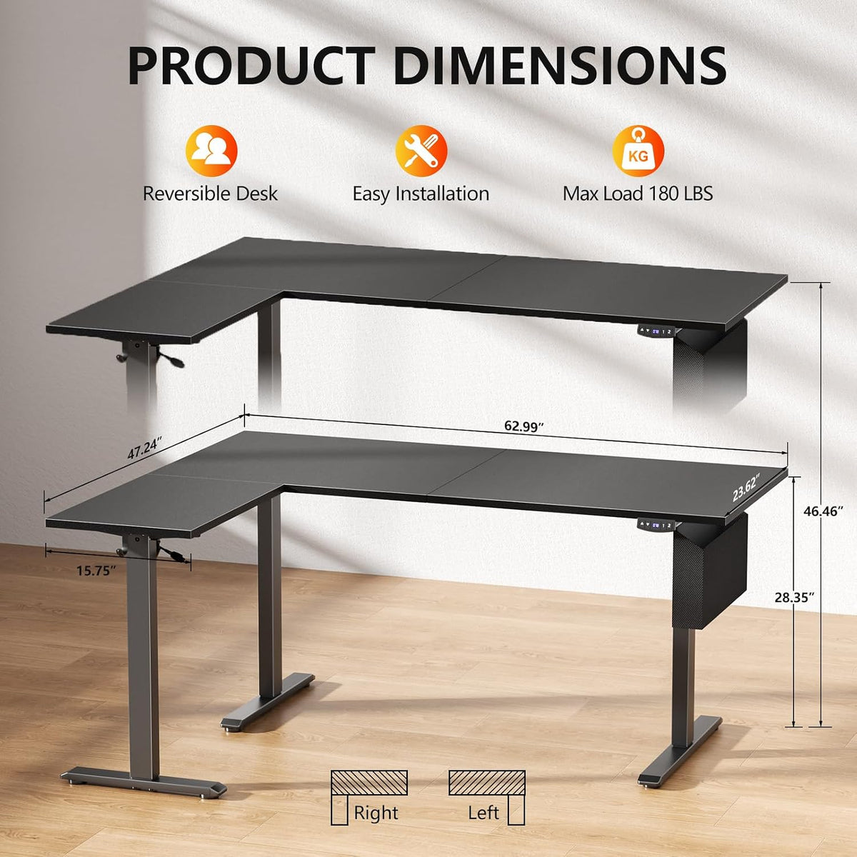 Korfile 63" L Shaped Standing Desk Height Adjustable Memory Presets Black