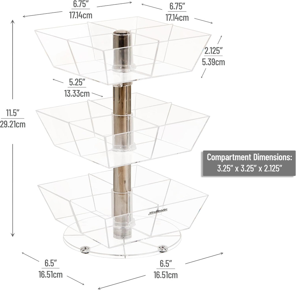 Mind Reader Tea Bag Carousel, 3 Tier Clear Acrylic Organizer with 12 Compartments, 360° Rotating Tea Station for Countertop Storage