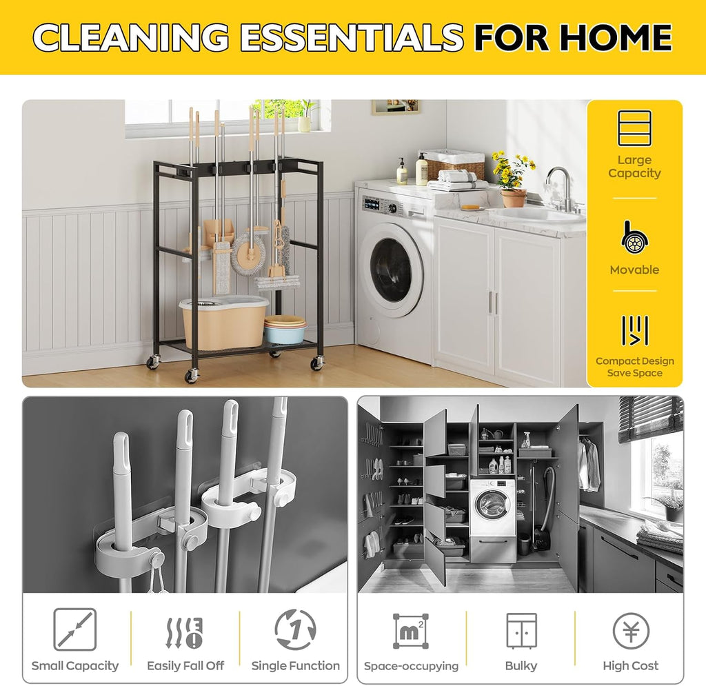 BORISI Broom And Mop Holder, Movable Broom Closet Storage Cabinet, Cleaning Cart with Mop Hanger Gripper Rack, Janitorial Cart, Utility Carts, Laundry Room Organization Home Essentials