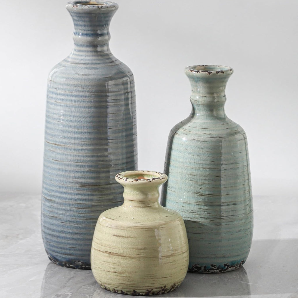 Ceramic Vase Set of 3, Rustic Neutral Vases Home Decor Farmhouse Decorative Flower Vase Modern Boho Pampass Vases for Table Mantel Entryway Shelf Living Room Kitchen Bathroom - Multicolor