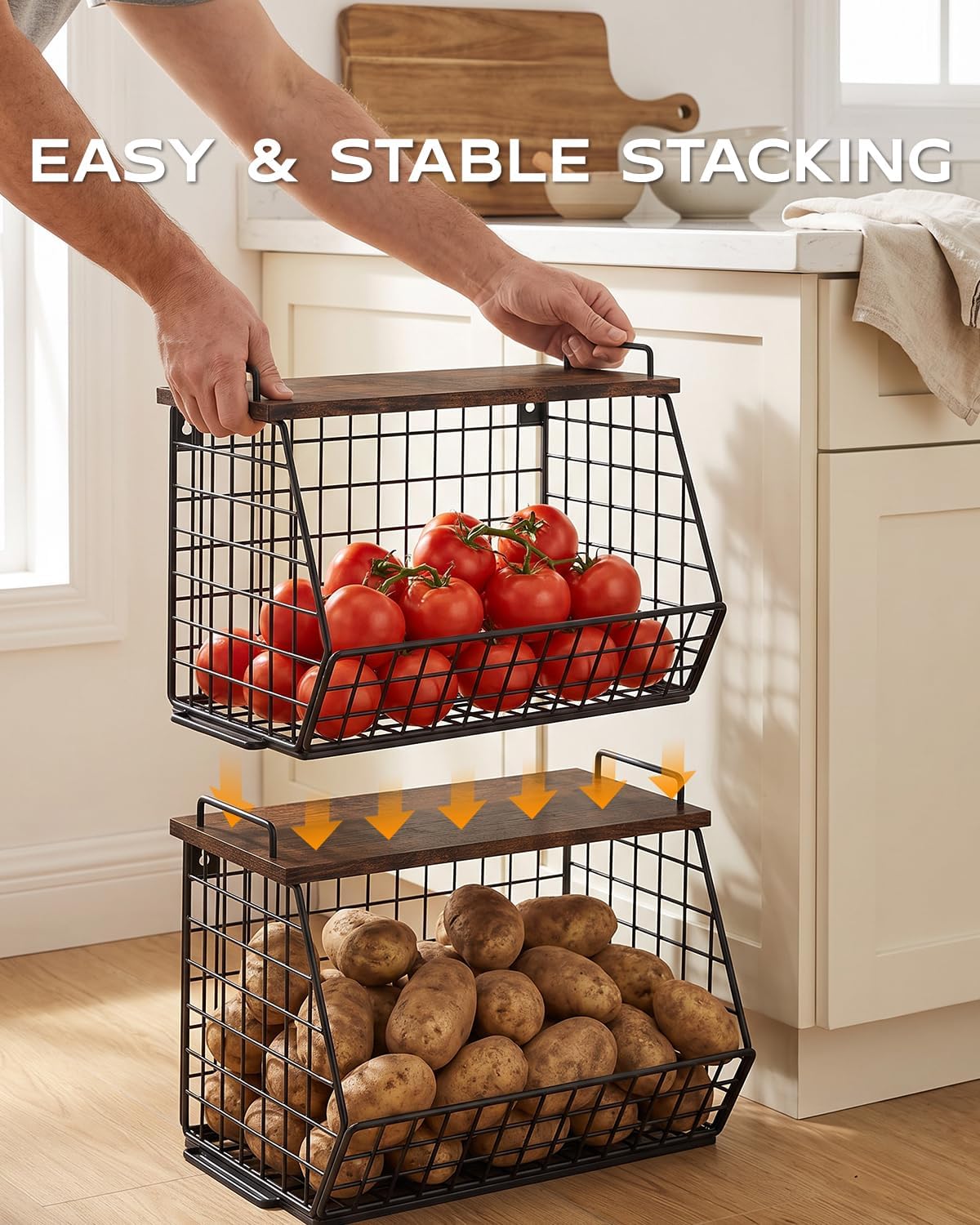 2 Pack Stackable Potato Storage Bins, Extra Large Pantry Organizer and Storage, Fruit Basket for Kitchen Counter, Potato and Onion Storage Bin with Wide Opening, Wall Mounted Vegetable Storage Basket