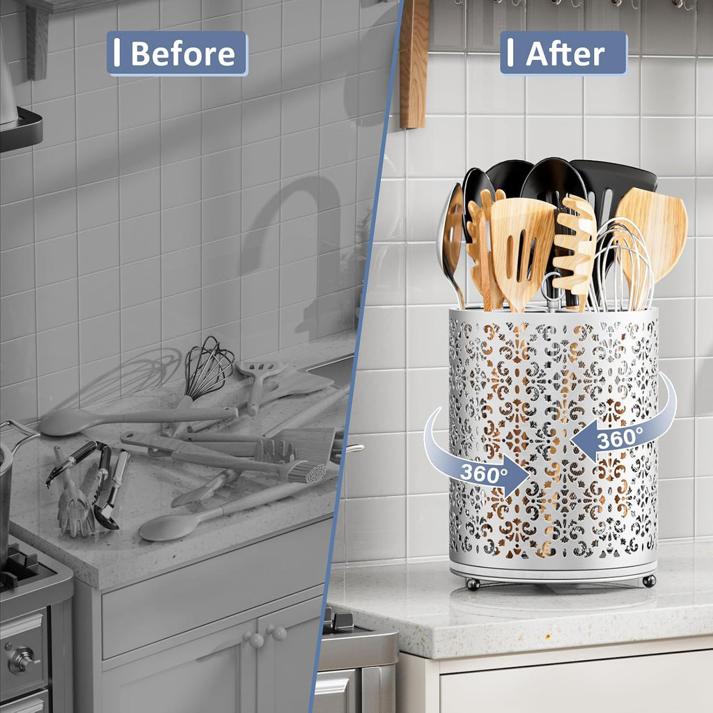 360° Rotating Utensil Holder: Extra Large Cooking Silverware Caddy QuickDry