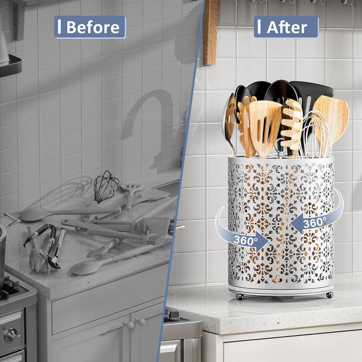360° Rotating Utensil Holder: Extra Large Cooking Silverware Caddy QuickDry