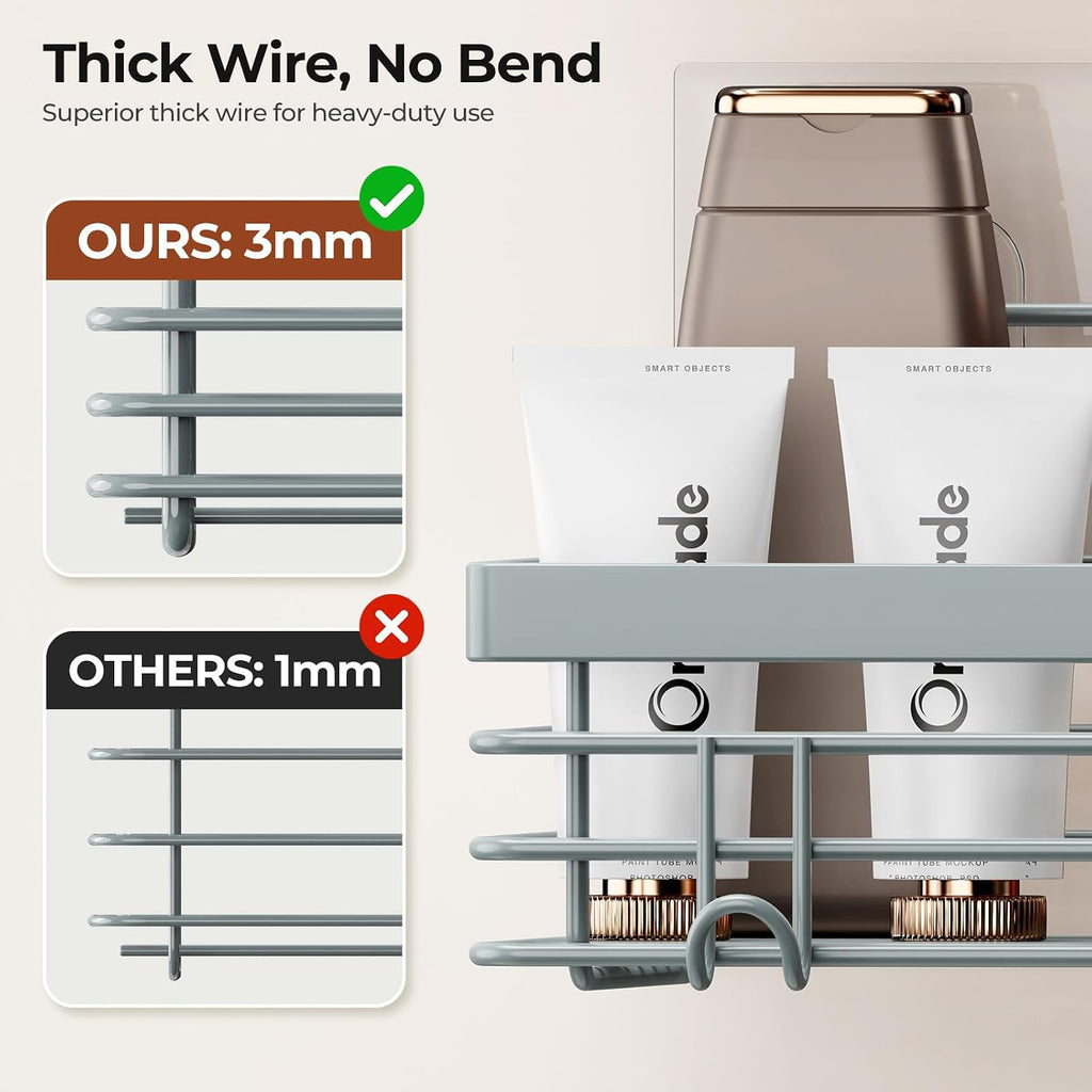 Orimade Shower Caddy with 5 Hooks for Hanging Razor and Sponge Adhesive Shower Shelf Basket Bathroom Storage Organizer Kitchen Rack No Drilling Stainless Steel Rustproof - 2 Pack, Light Blue Grey
