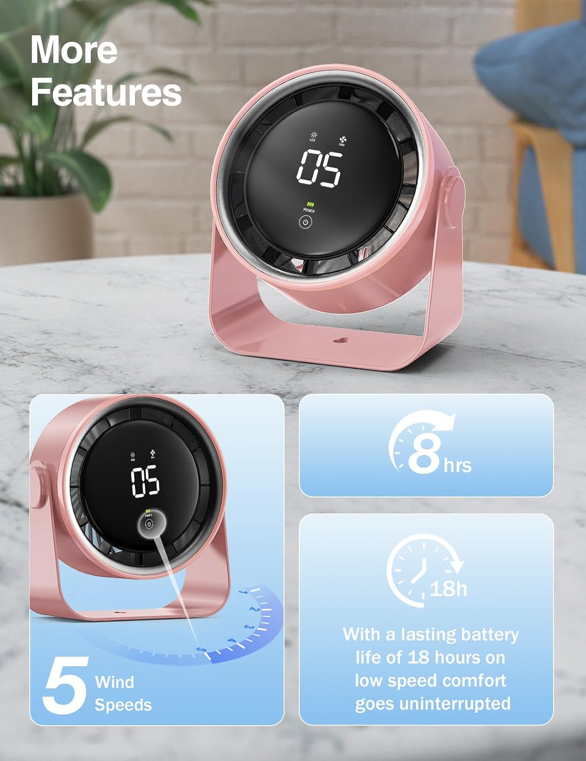 Small Desk Fan, Ultra-Quiet Desktop Air Circulator, Touch Screen Control, Multi-Speed Desktop Fan with LED Light, Quiet Table Fan for Bedroom, USB Rechargeable Small Fan for Desk(Pink)