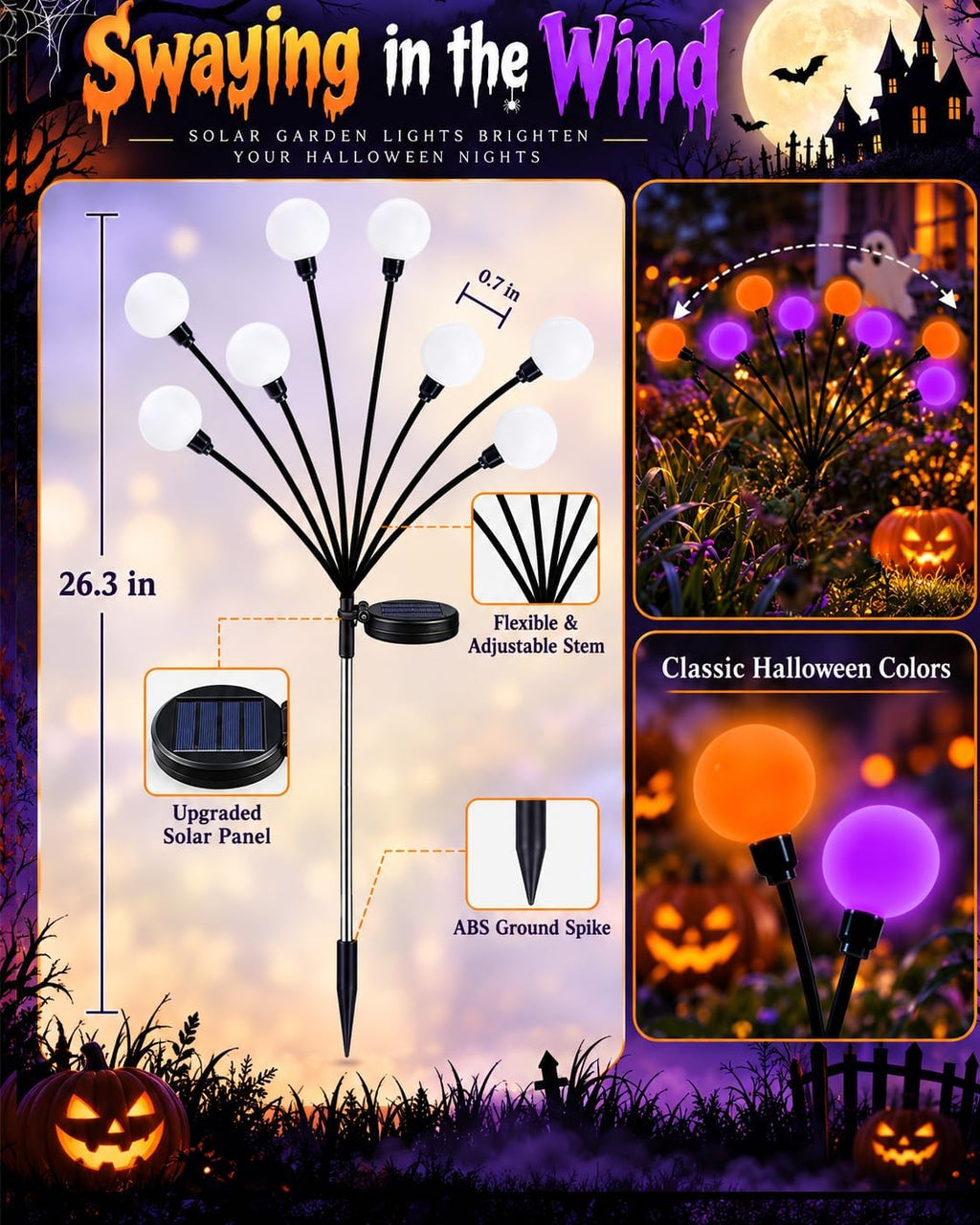 OZS 6 Pack Orange Purple Halloween Decorations Outdoor Solar Firefly Lights