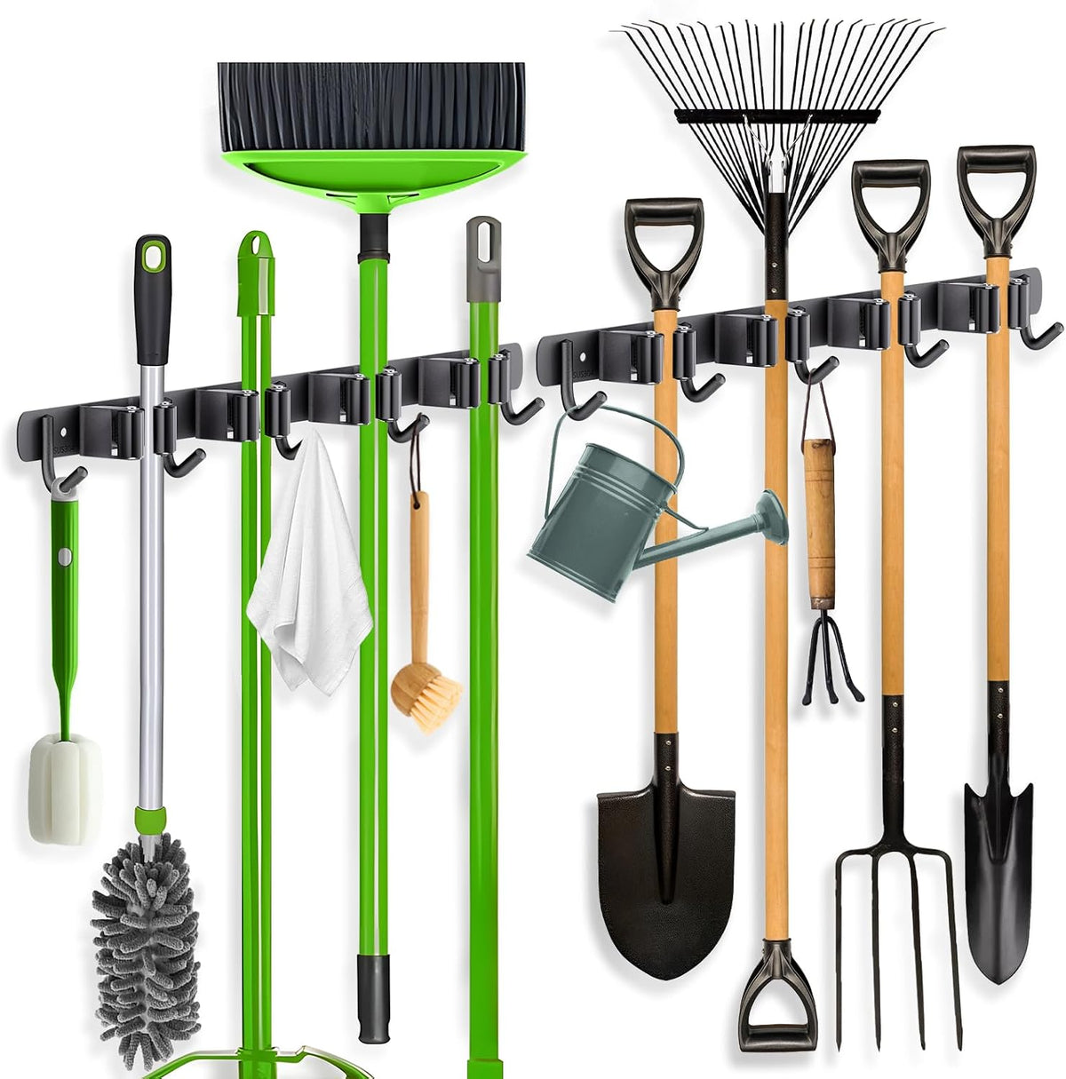 ZONGOOL 2 Pack Mop Broom Holder Wall Mount 4 Racks 5 Hooks Storage Black