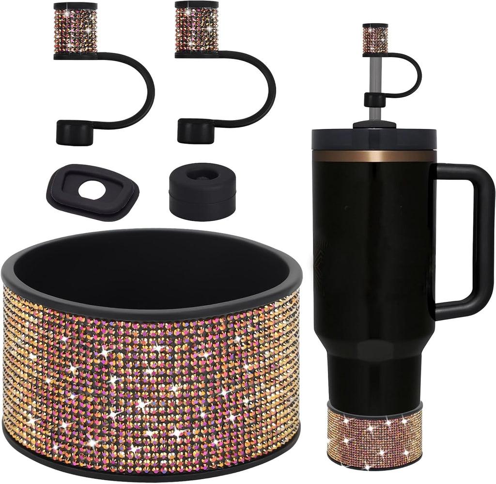 Rhinestone Stanley Cup Accessories Set Including 0.4in Bling Straw Covers, Spill Proof Stopper, Diamond Glitter Silicone Boot for Stanley Accessories 40oz (Fit 40 oz, Champagne)