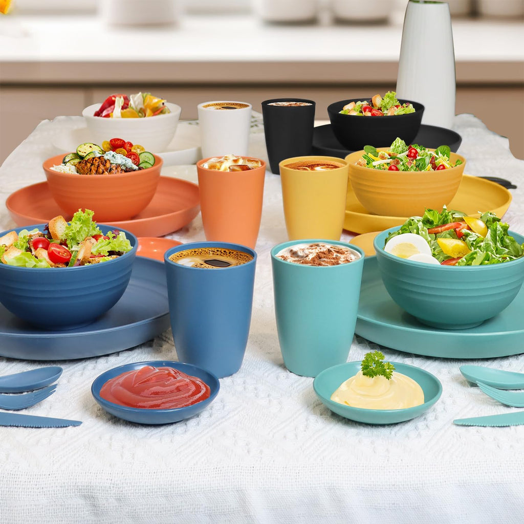wheat straw bowls,plates,cups and cutlery sets 28 pcs - Dishwasher safe dish sets for kitchen, camping, indoors and outdoors.Green