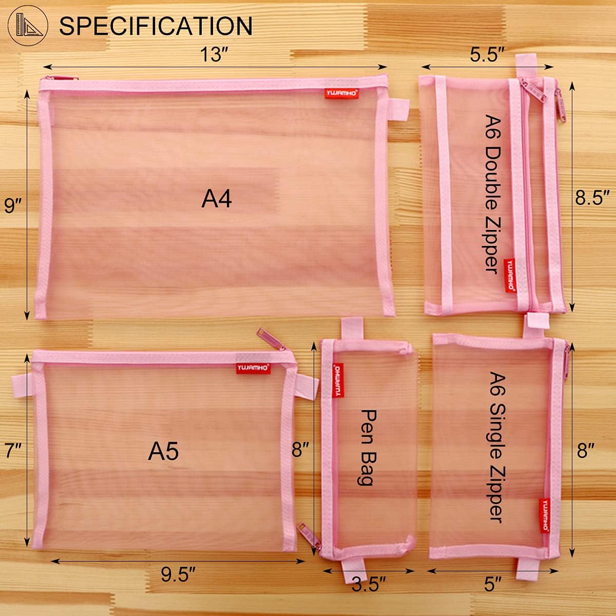 Zipper Mesh Bags, 5 Pack Pencil Pouch Set, Lightweight Nylon, Pink