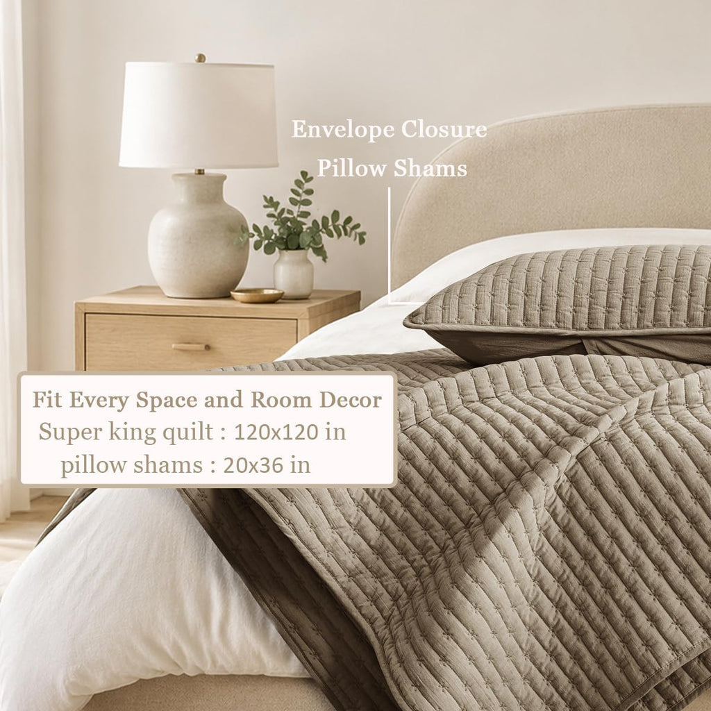 Oversized King Size Cotton Quilt Bedding Set with 2 Pillow Shams,120"x120" Breathable Coverlet Bedspread All Season, Textured Like Linen, Anti-Slip No Wrinkle Comforter Cover,Brown