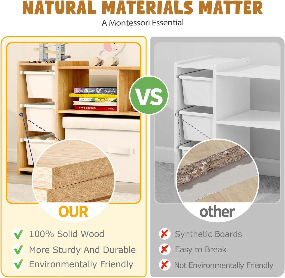 Montessori Shelf for Kids - 100% Solid Pine Wood with 6 Removable Plastic Bins, Toy Storage Organizer Cabinet for Playroom, Bedroom & Nursery (Natural)