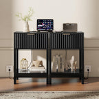 Nasonet Night Stand Set 2, Fluted Nightstand with Charging Station, Wood Bedside Table with Drawer & Storage Shelf, Modern End Tables for Bedroom Sofa Couch Office, Black
